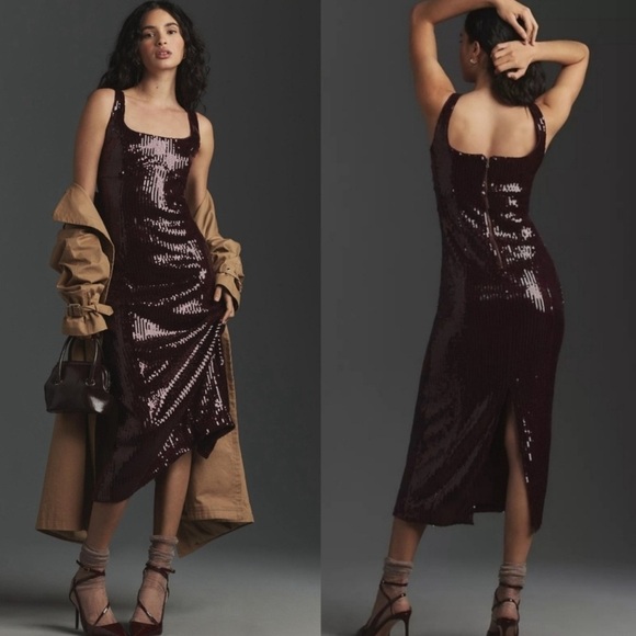 NWT Anthropologie Pilcro Sequin Slim Midi Dress Color Plum Burgundy Size XS - Picture 1 of 6
